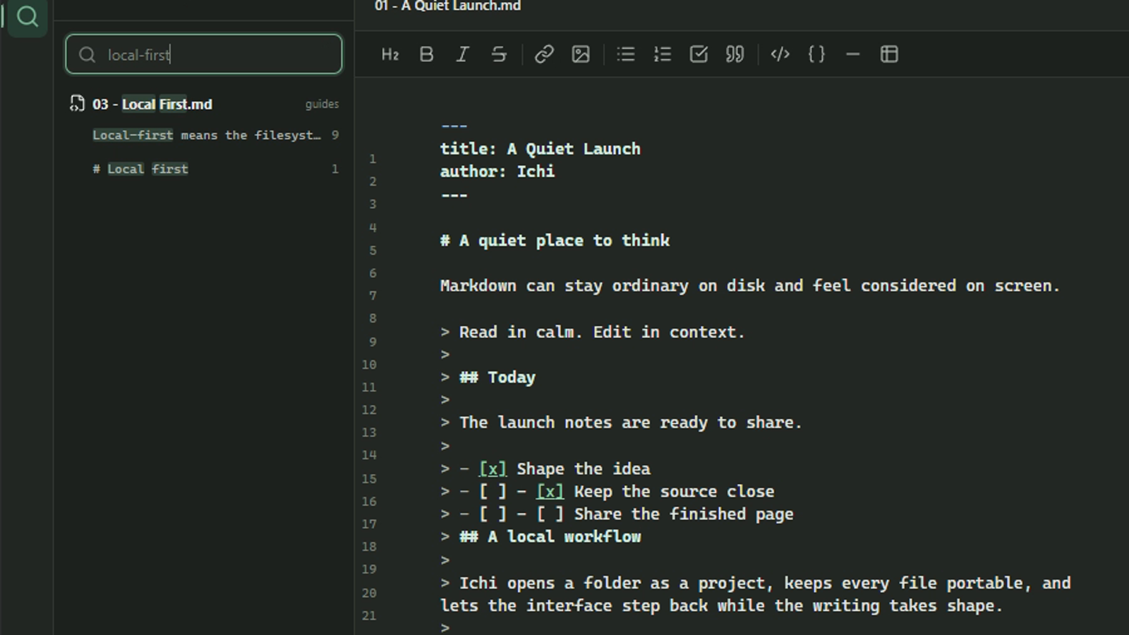 Ichi Search showing grouped Markdown matches with paths, excerpts and line numbers