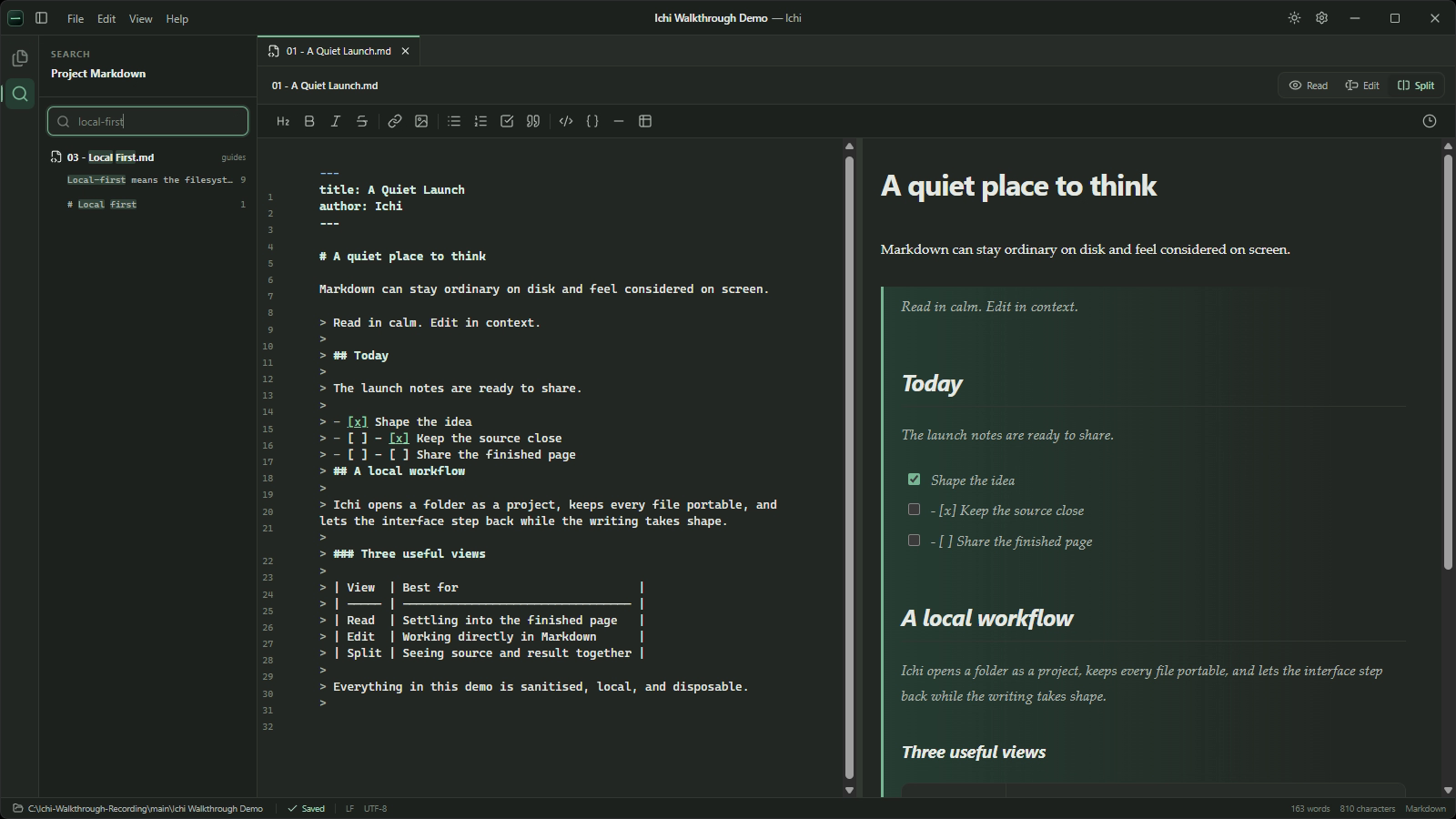 Ichi project search showing results for a phrase across a safe sample Markdown workspace