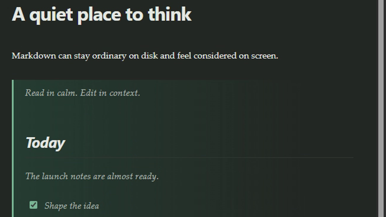 A close crop of headings, prose and a checklist in the rendered half of split view