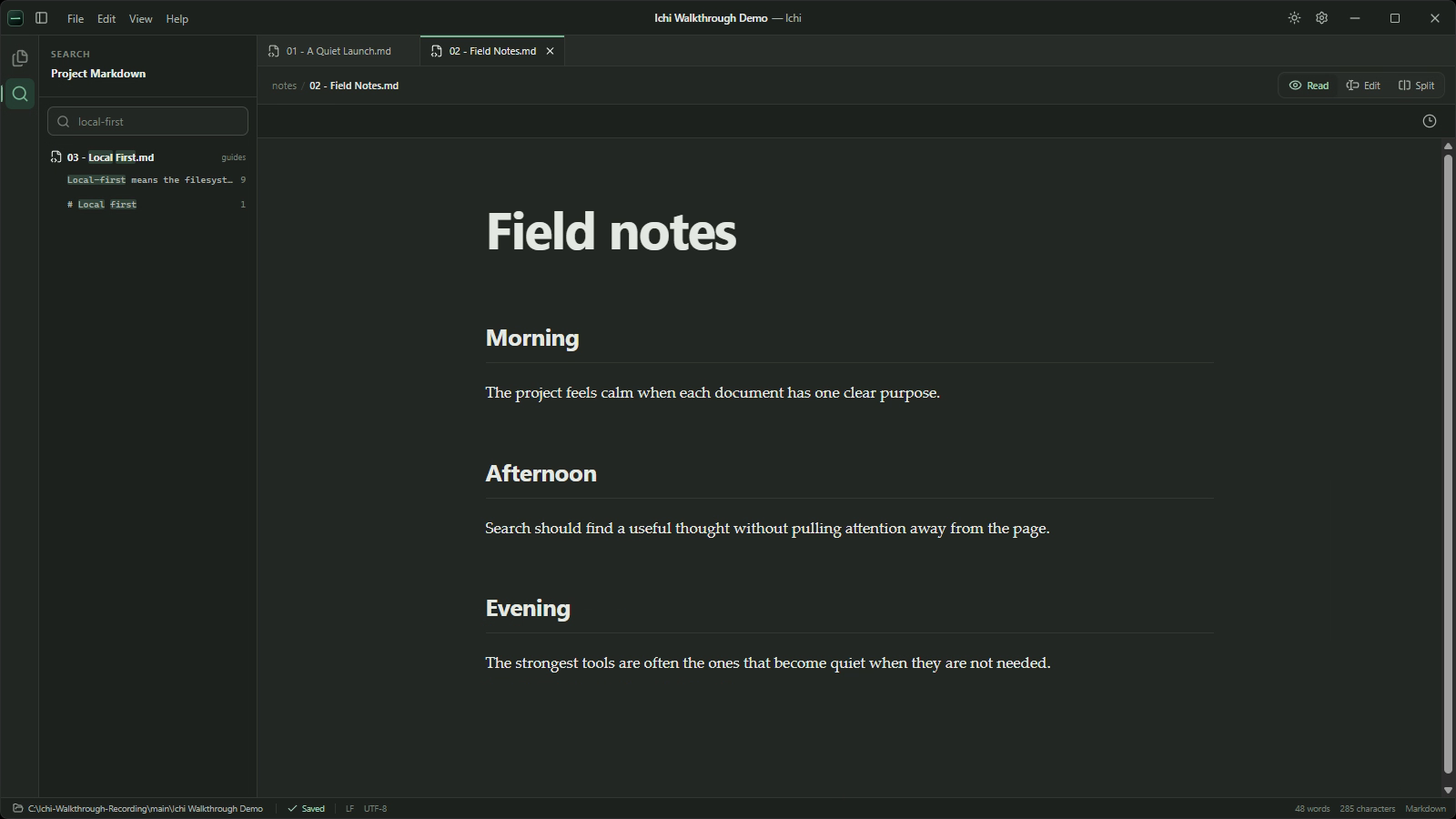 A Markdown document open beside the Search panel in Ichi