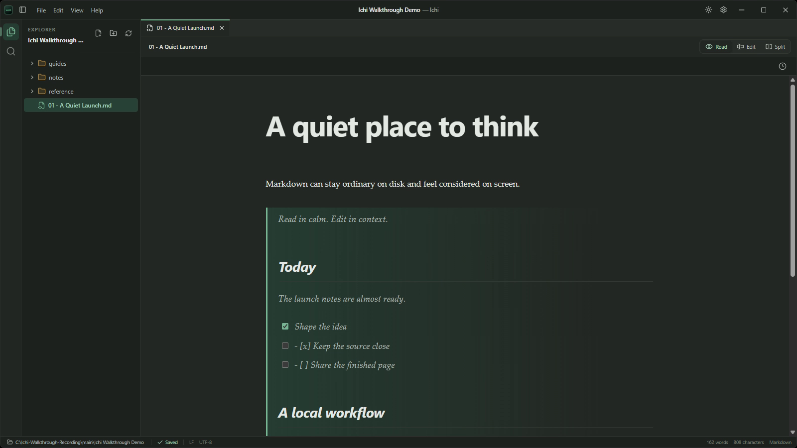 Ichi displaying a Markdown document in its calm reading view