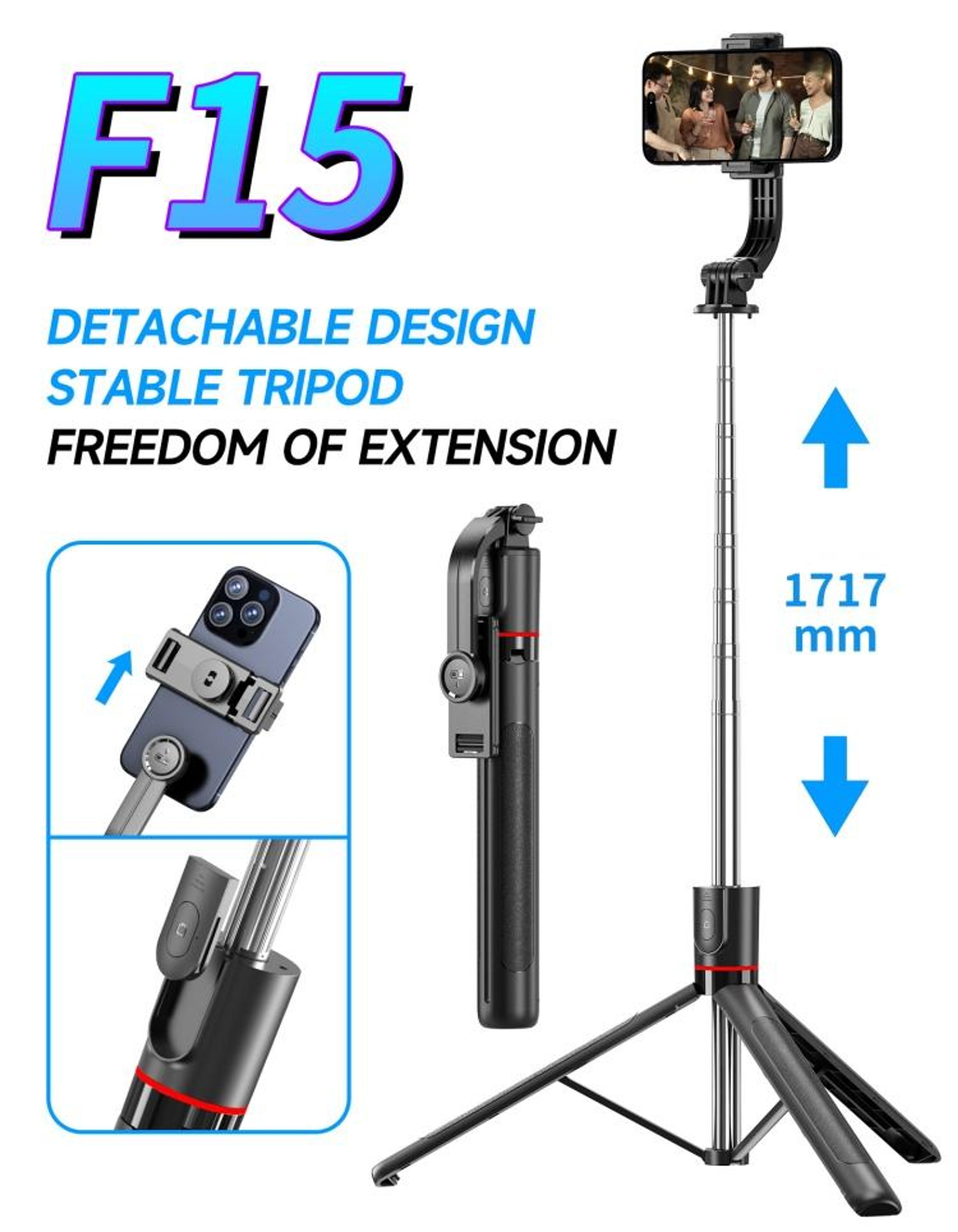 F15 Selfie Stick Tripod Extendable Pole with Wireless Bluetooth Remote - image 3