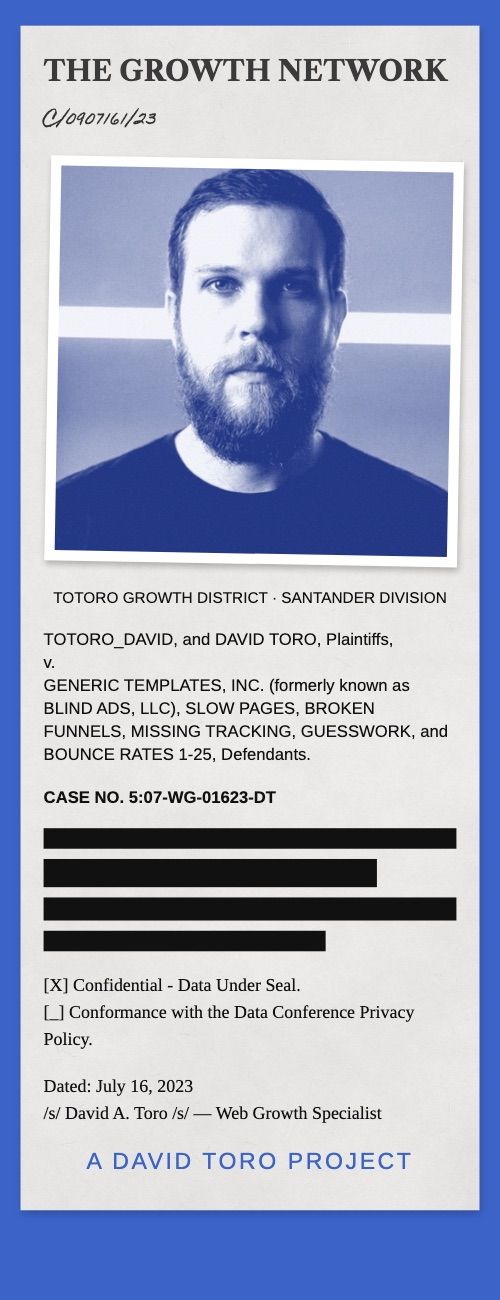 Mobile: filing title, tilted duotone portrait, plaintiffs versus defendants, redaction bars, closing project line