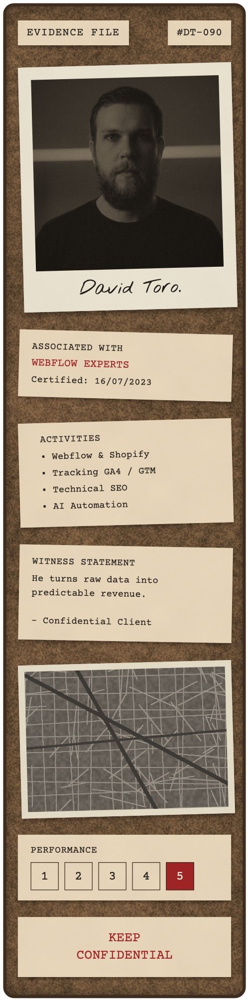 Mobile cork board with the polaroid and each note stacked: associated with, activities, witness statement, map, scale.