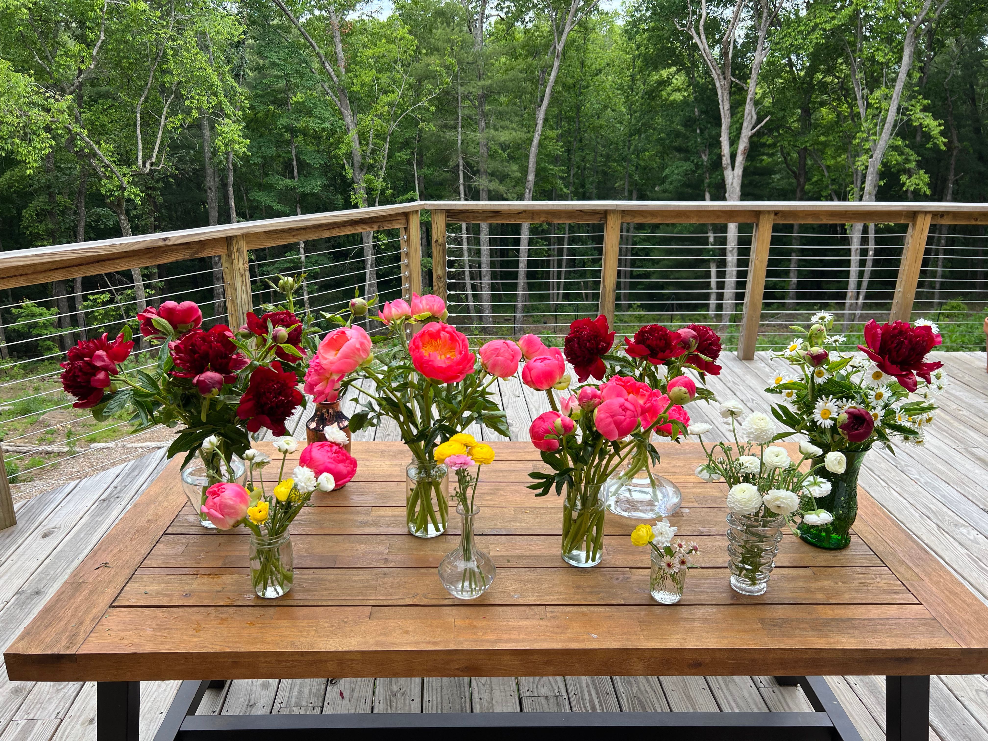 peonies in vases on wooden table