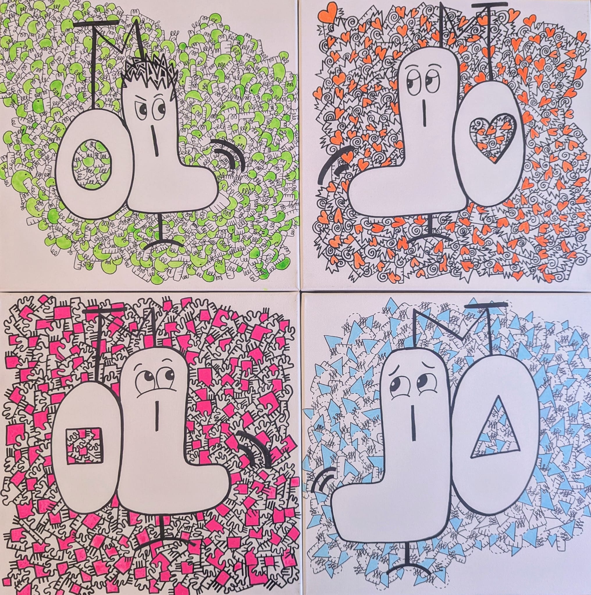 Quatre déclinaisons colorées (vert, orange, rose, bleu) d'un même personnage