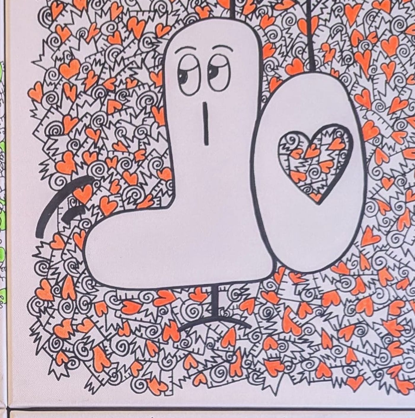 Quatre déclinaisons colorées (vert, orange, rose, bleu) d'un même personnage — détail 2