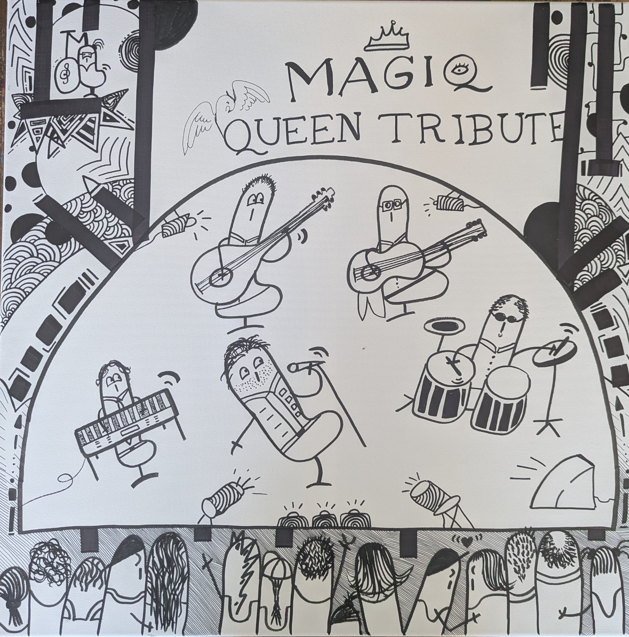 Affiche pour le groupe tribute Queen 'Magiq', personnages musiciens sur scène