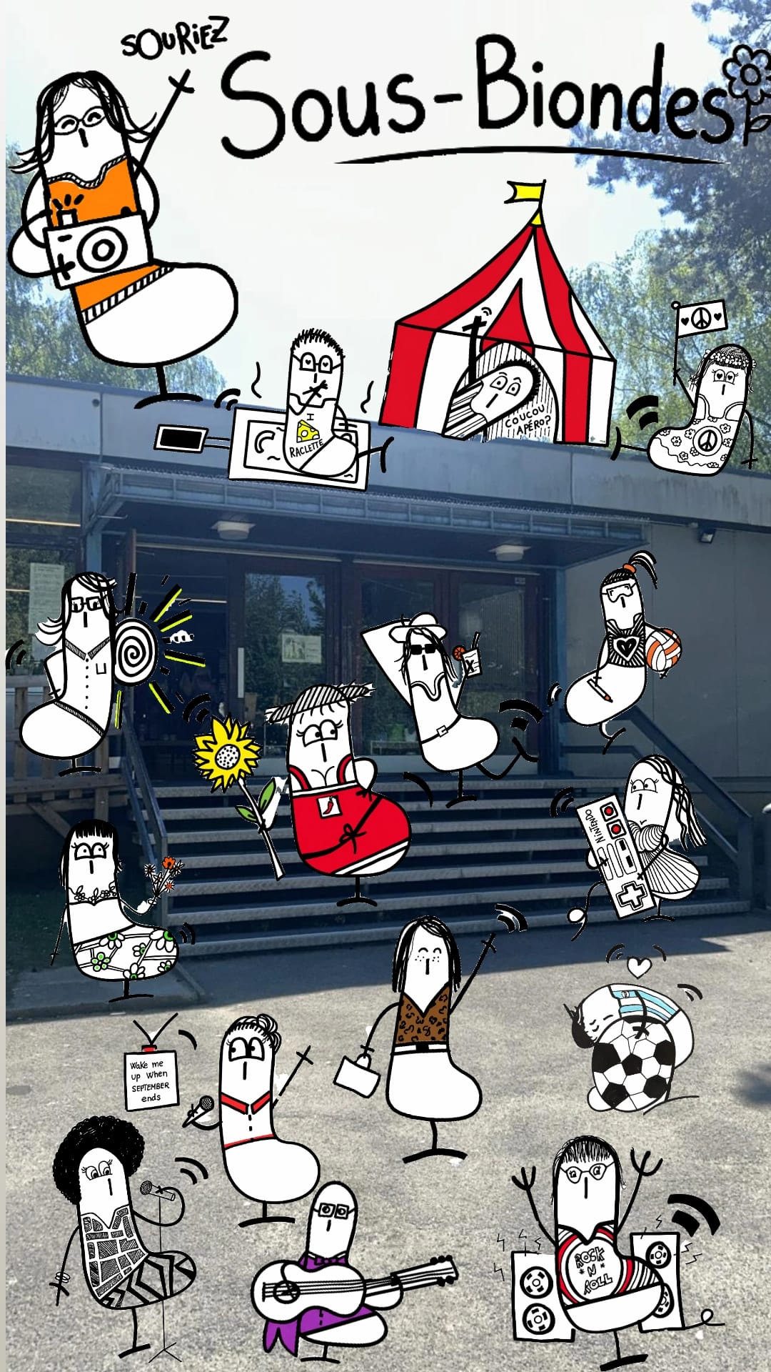 Personnages ObMind incrustés sur une photo de groupe devant un bâtiment, titre 'Sous-Biondes'