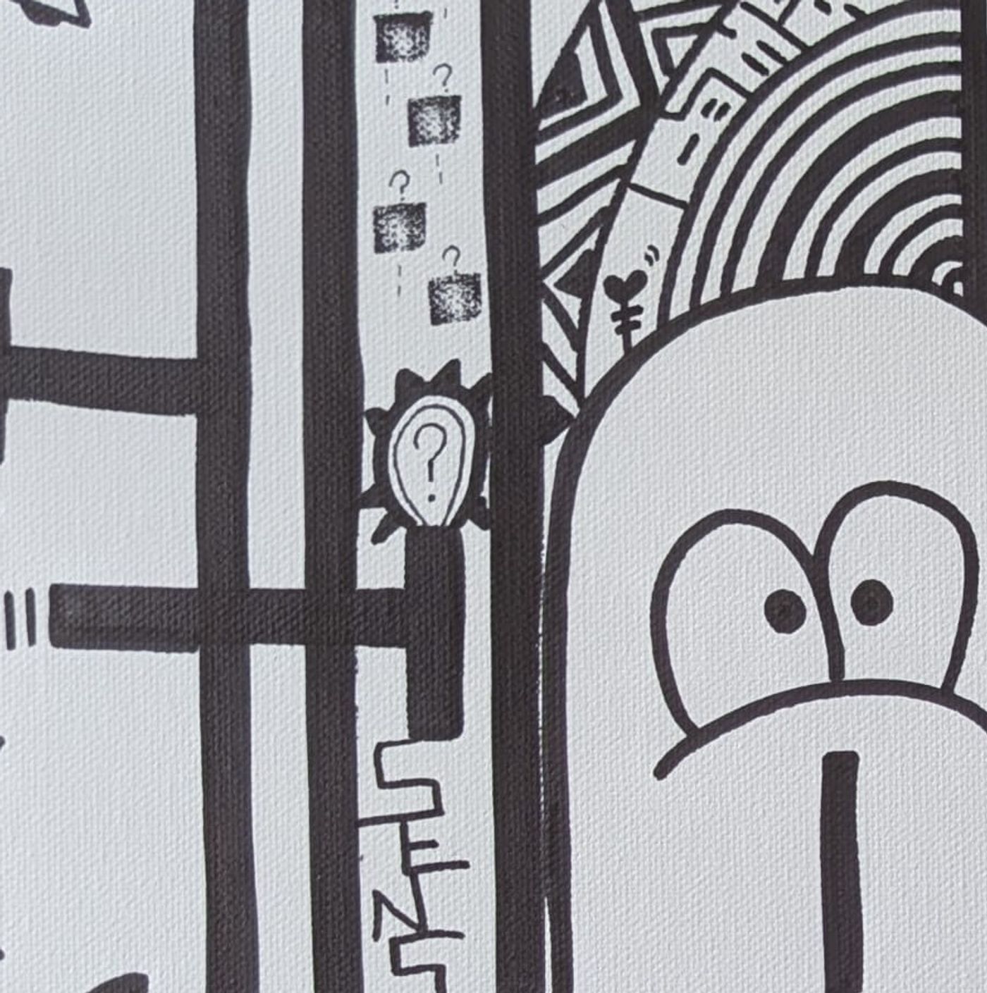 Toile 'Sens unique' — personnage bicéphale avec flèches opposées — détail 1