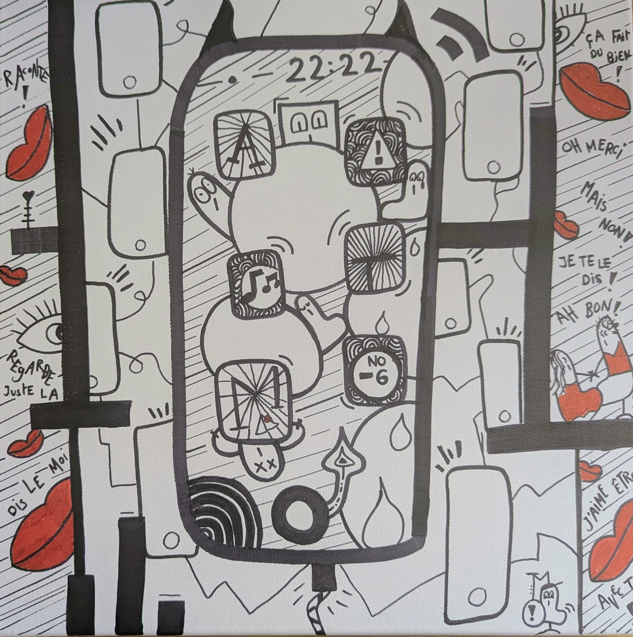 Toile façon smartphone avec icônes, lèvres rouges et l'heure 22:22 affichée