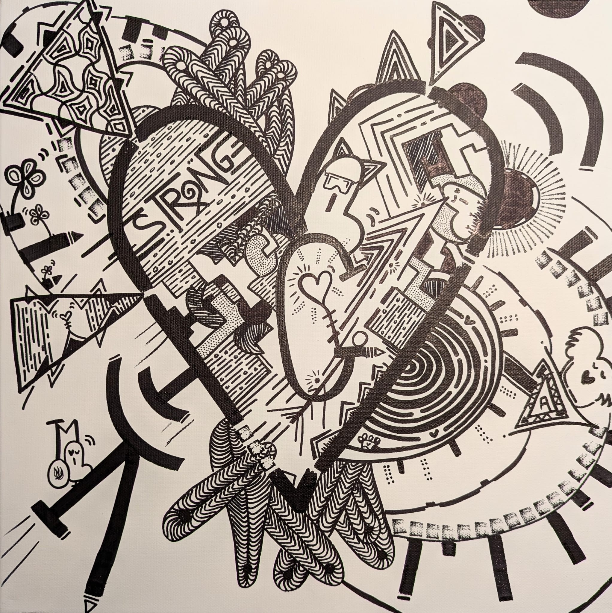 Toile 'Strong' — cœur avec le mot STRONG et motifs triangulaires