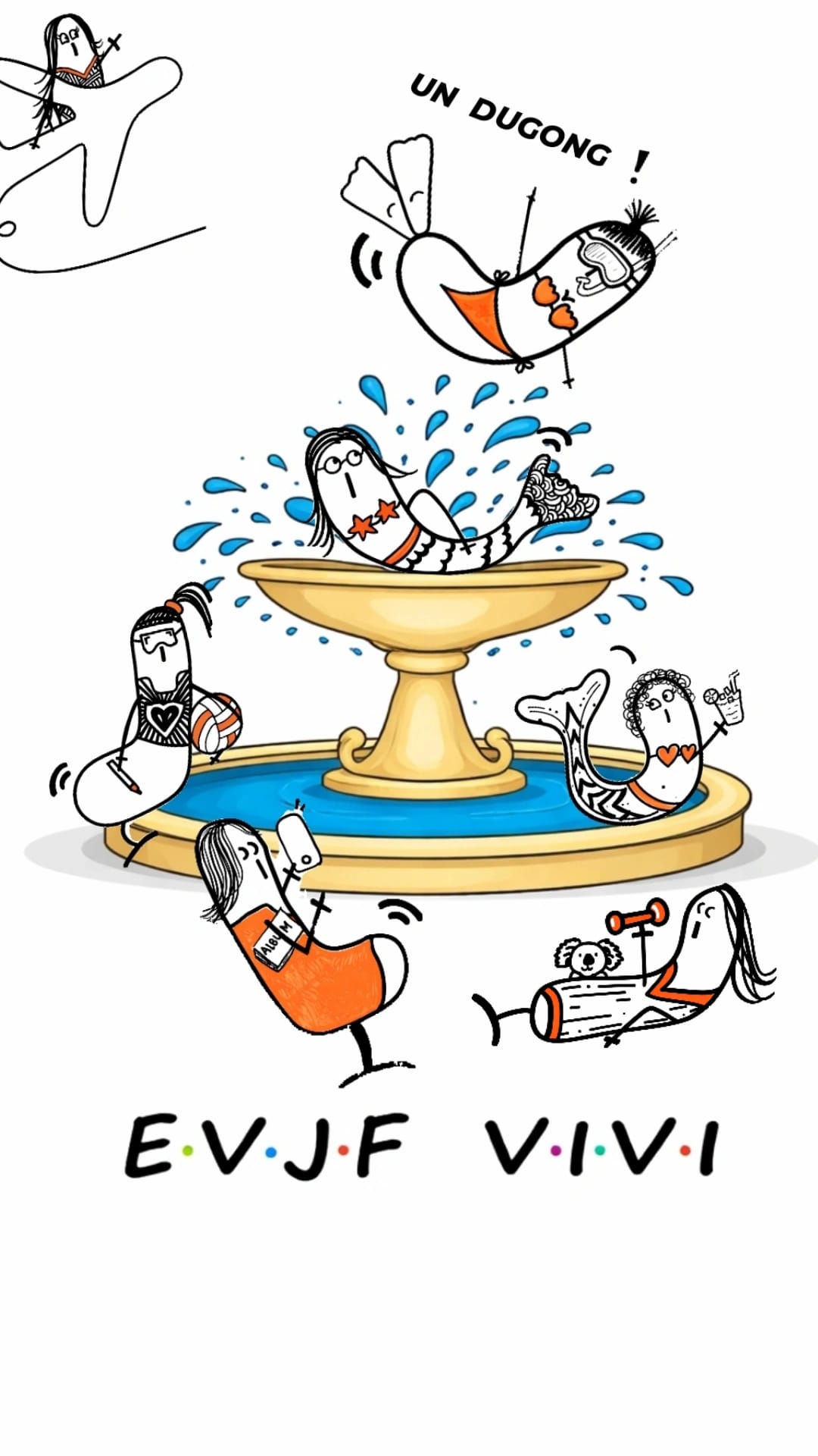 Illustration colorée pour un EVJF autour d'une fontaine