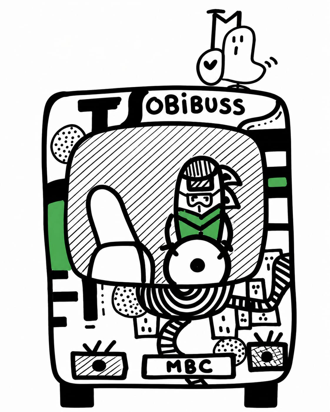 Mockup de l'avant du bus 'Obibuss' décoré aux couleurs MBC