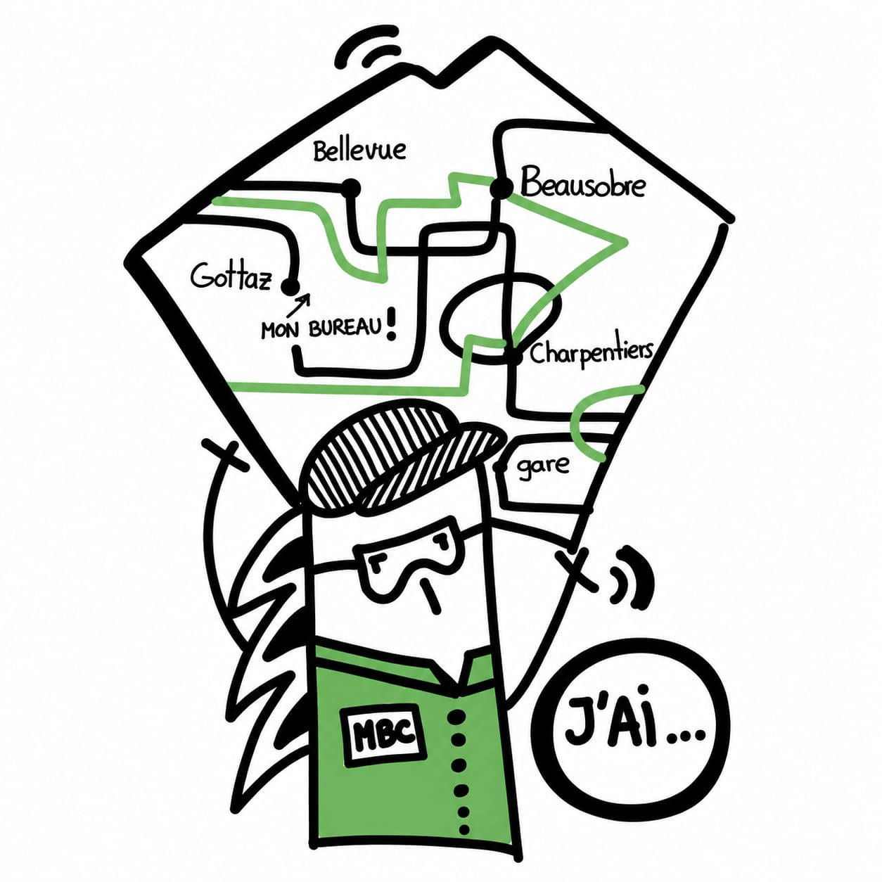 Habillage reprenant le plan du réseau MBC (Bellevue, Gottaz, Beausobre, Charpentiers, gare)