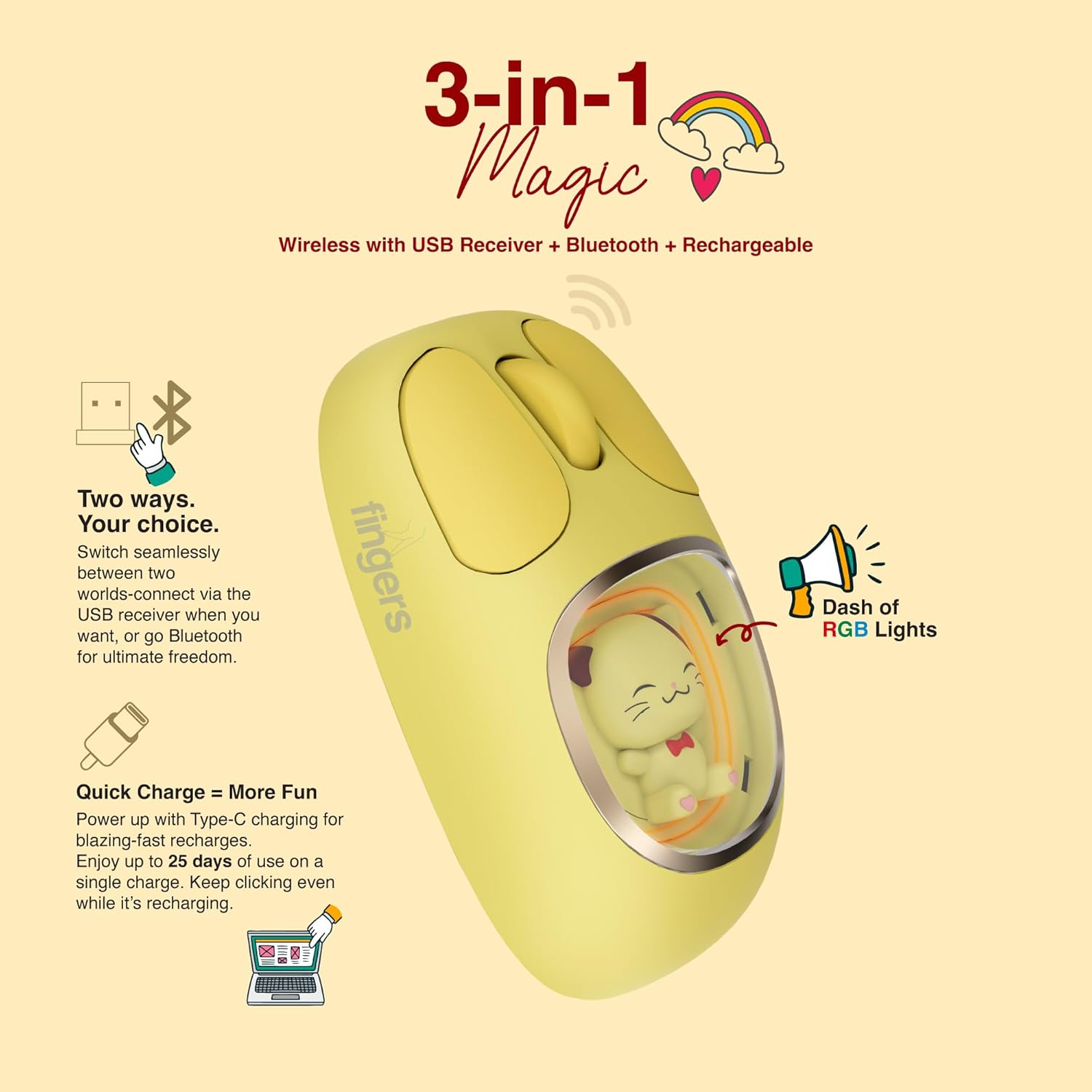 fingers CuteClicks WB4 Rechargeable Wireless+BT Mouse