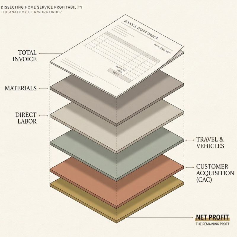Exploded work-order illustration showing materials, direct labor, vehicles, customer acquisition costs and remaining net profit.