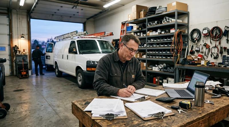 Illustrative service-business operator reviewing paperwork in a workshop beside a service van.