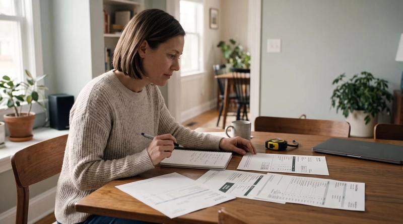 A woman compares written painting estimates and takes notes at a dining table.