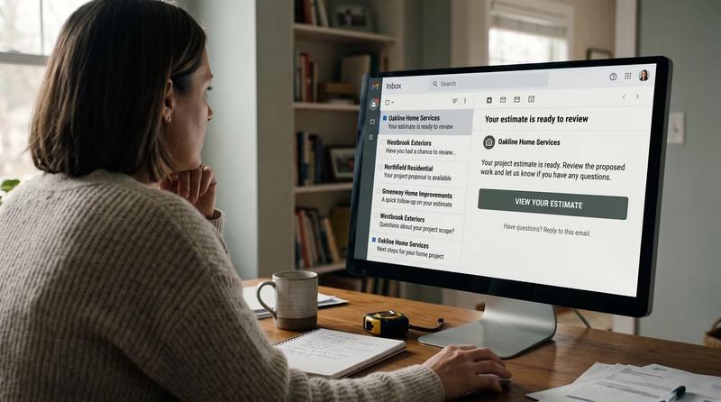 A woman reviewing a home-service project estimate in an email inbox at a desktop computer.