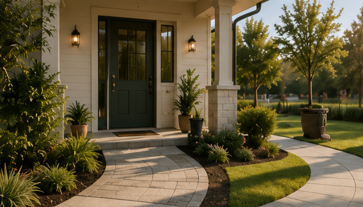 image of a smooth walkway up to a single step entryway to the front door of a home