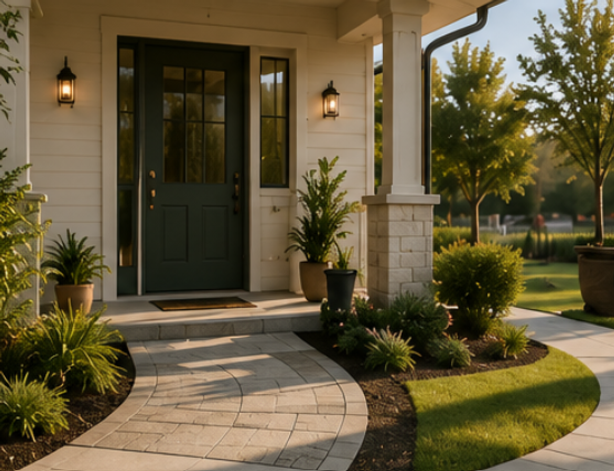 image of a smooth walkway up to a single step entryway to the front door of a home