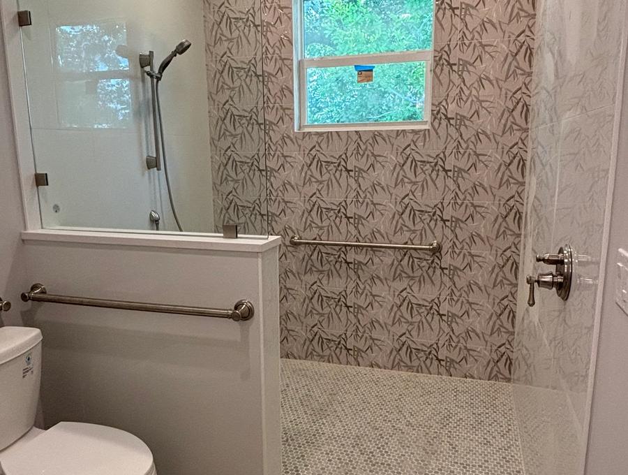 image of an accessible, zero entry bathroom and shower