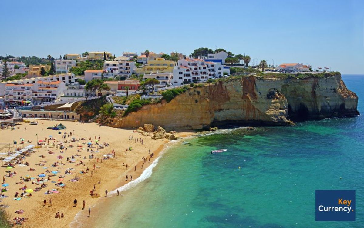 Photograph overlooking a beach in the Algarve, Portugal on a warm sunny day.