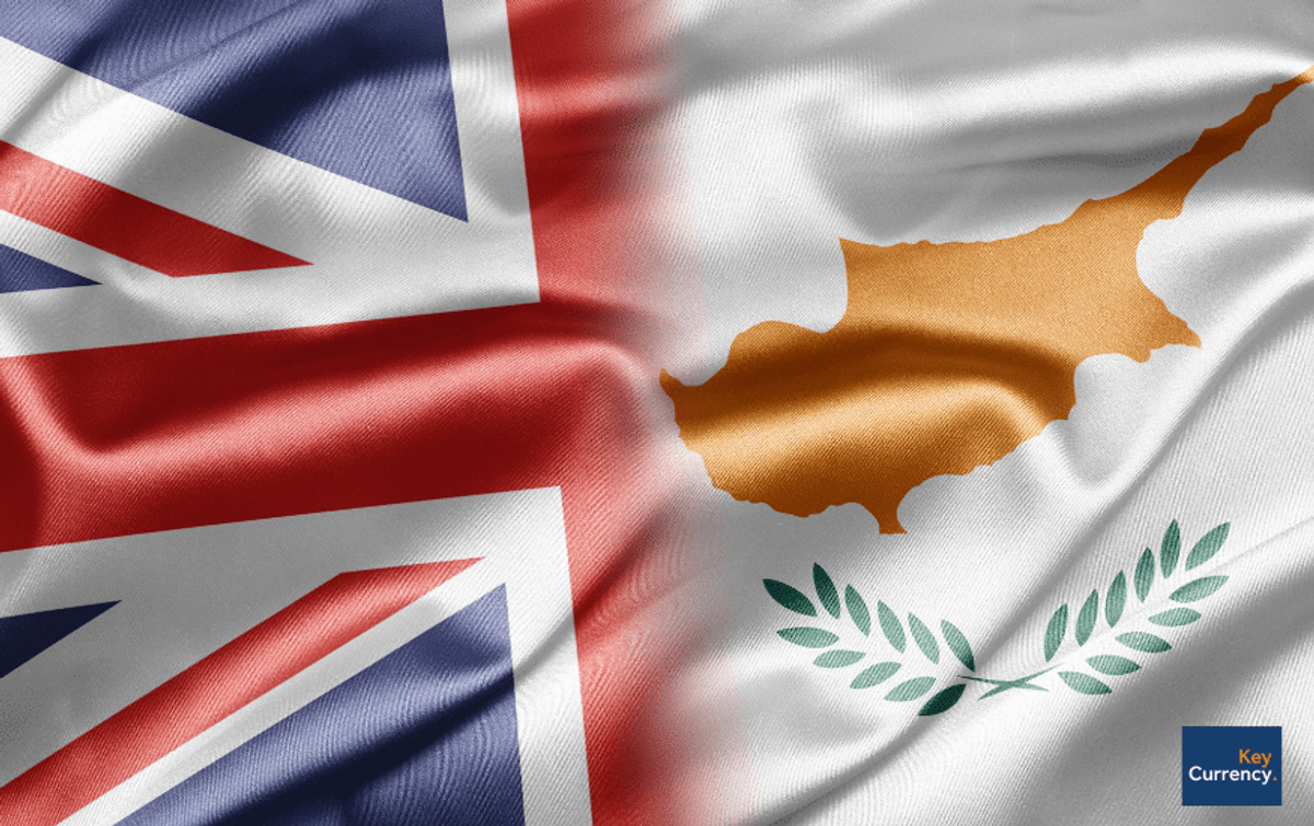 Graphic of the UK flag and flag of Cyprus flowing together. 