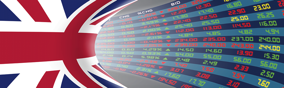 Flag of Great Britain on the left side of the graphic with a foreign exchange rate board on the right. 
