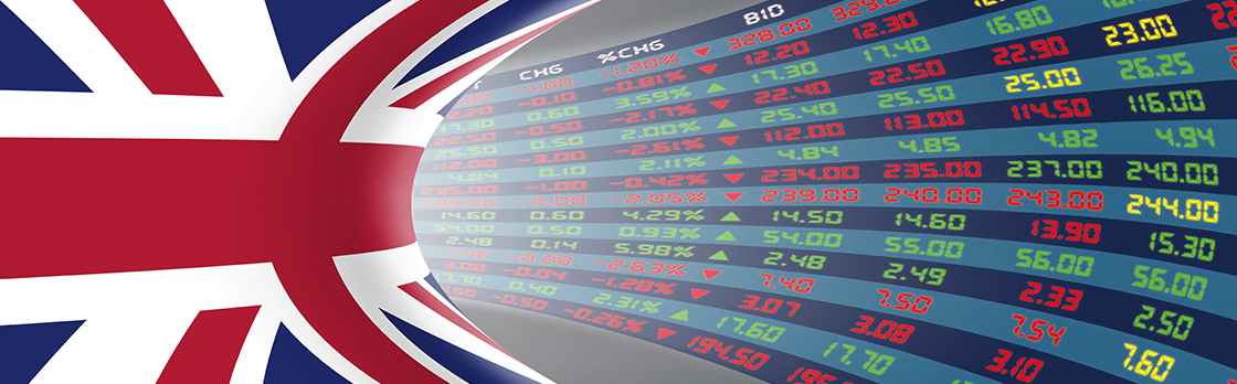 Flag of Great Britain on the left side of the graphic with a foreign exchange rate board on the right.