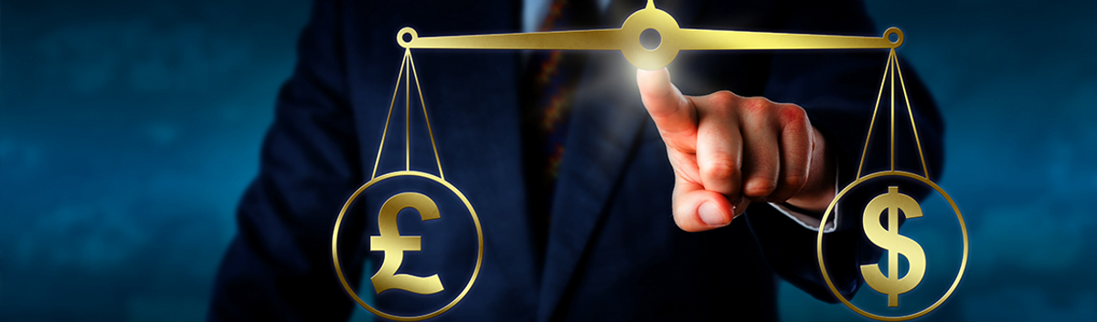 A person in a suit pointing at a golden scale that is balanced. There is a pound sign on the left of the scale and a dollar sign on the right of the scale.