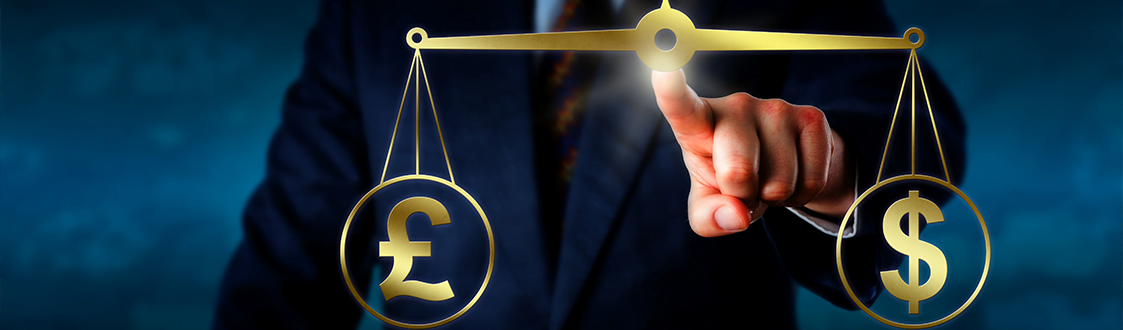 A person in a suit pointing at a golden scale that is balanced. There is a pound sign on the left of the scale and a dollar sign on the right of the scale.