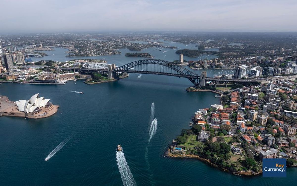 Ariel photo of Port Jackson, Sydney on a sunny day with the opera house in view. 