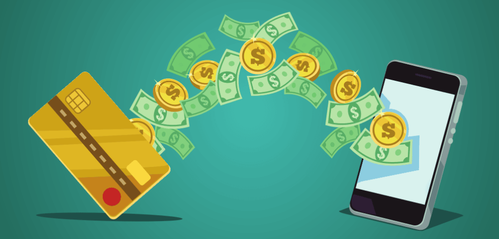 Graphic of a credit card and coins and notes being moved to a mobile phone. Depicting international money transfers.