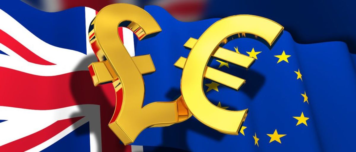 British and European flags with Pound and Euro signs