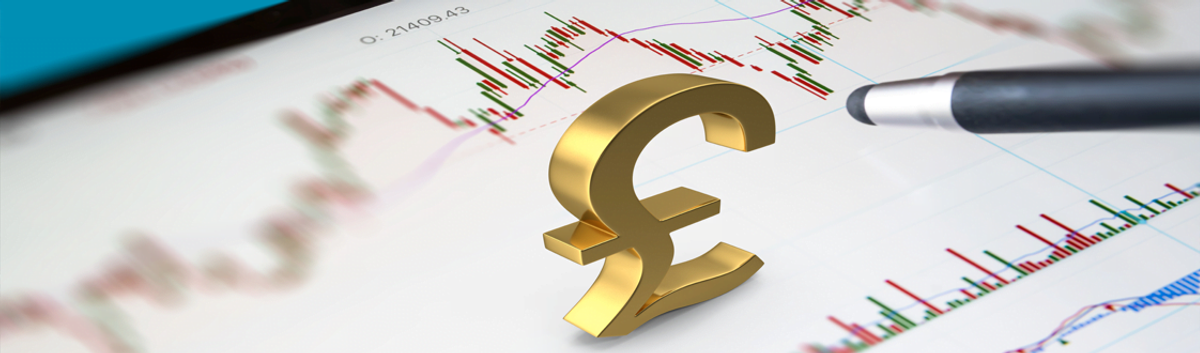 Gold '£' sign on top of foreign exchange graphs and numbers going from red to green.