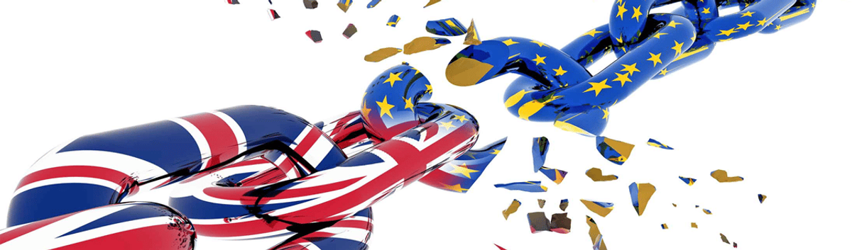Two chains, one covered with the Britain flag and one with the European Union flag which is broke in the middle.