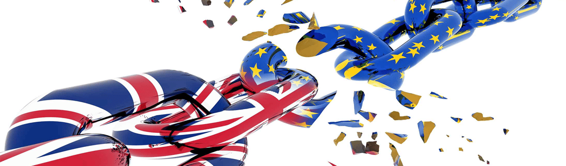 Two chains, one covered with the Britain flag and one with the European Union flag which is broke in the middle.