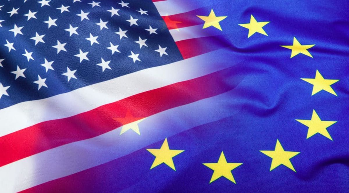 The flags of the USA and European Union side by side. 