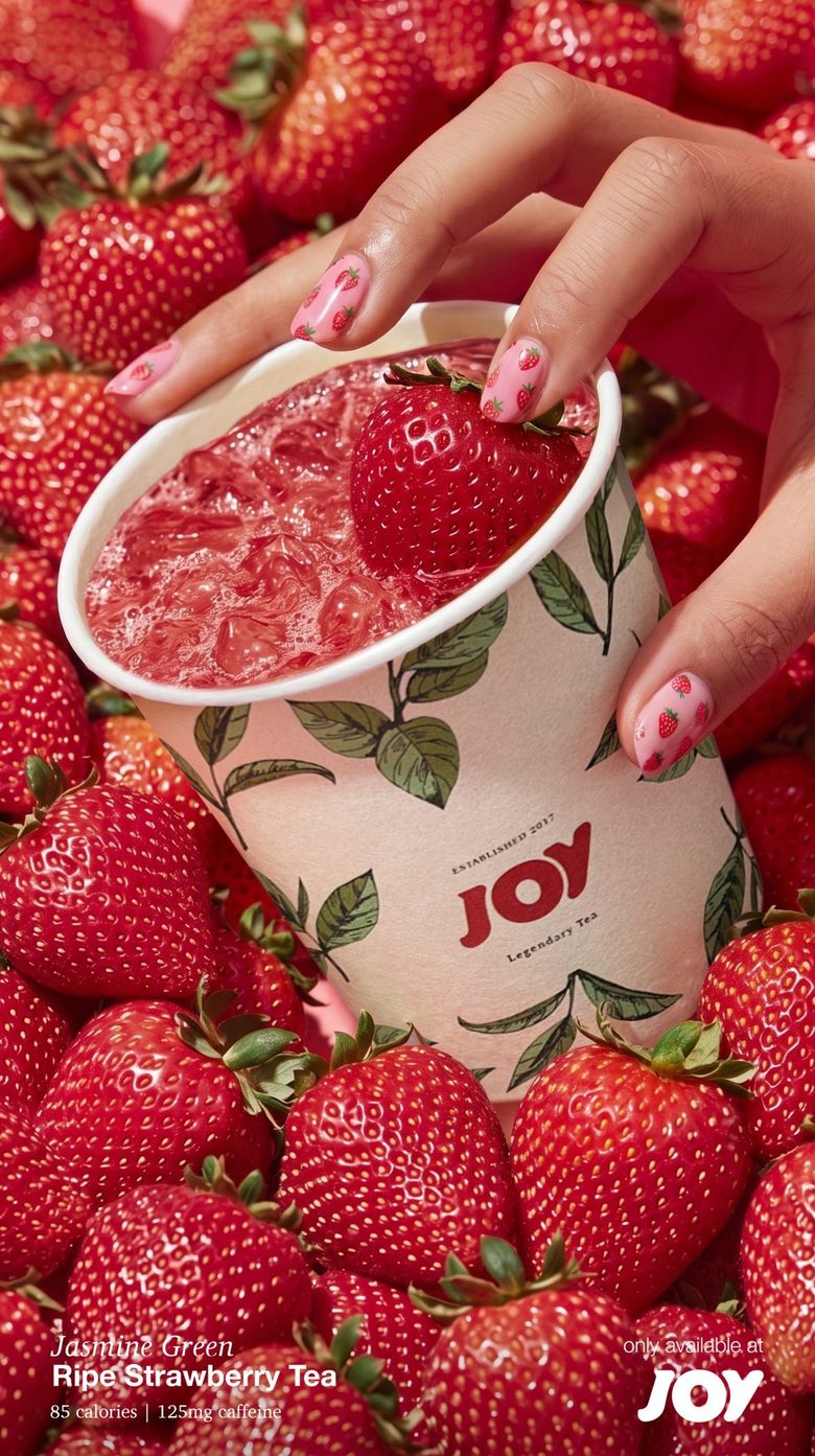 Ripe Strawberry Tea in a Joy cup surrounded by strawberries