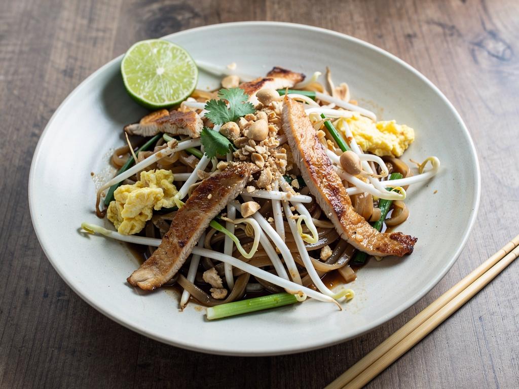 Lėkštė pad thai su ryžiniais makaronais, vištiena, kiaušiniu, pupelių daigais ir žemės riešutais