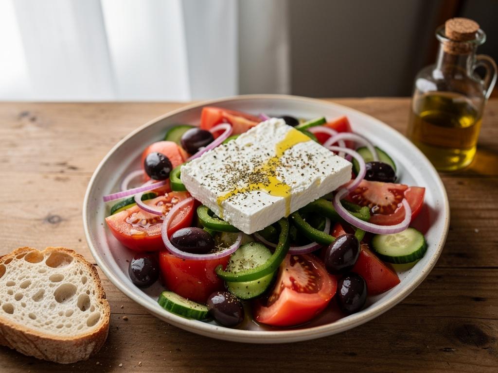 Graikiškos salotos su pomidorais, agurkais, paprika, alyvuogėmis ir fetos sūrio plokštele plačiame dubenyje