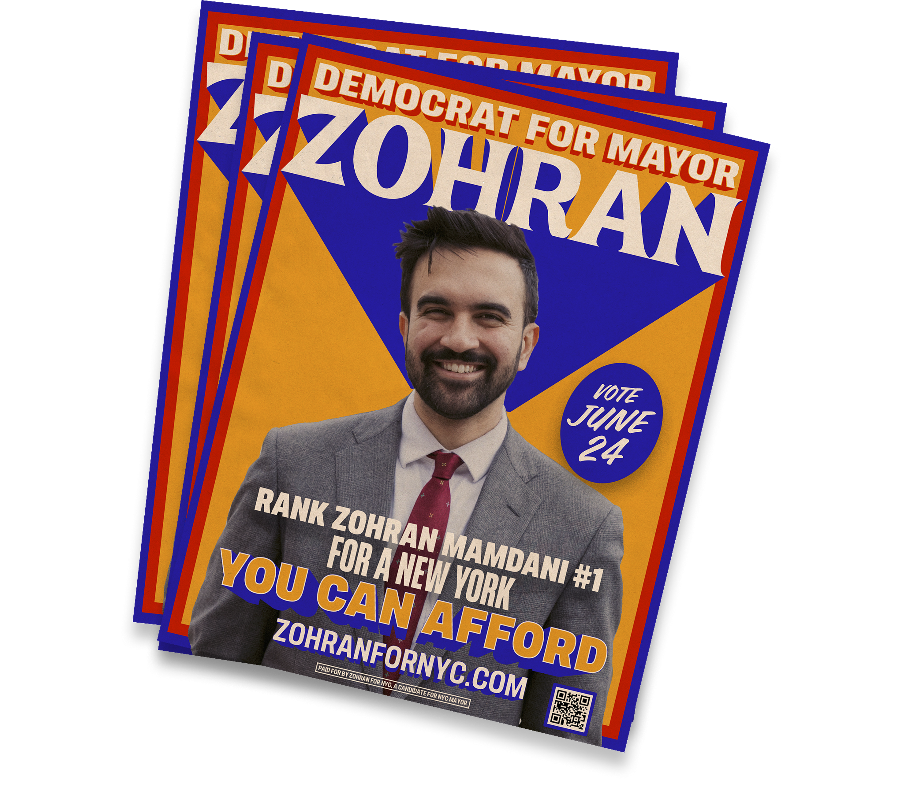 A stack of posters. Each has a picture of Zohran and reads "Democrat for Mayor. Rank Zohran Mamdani #1 for a New York you can afford."