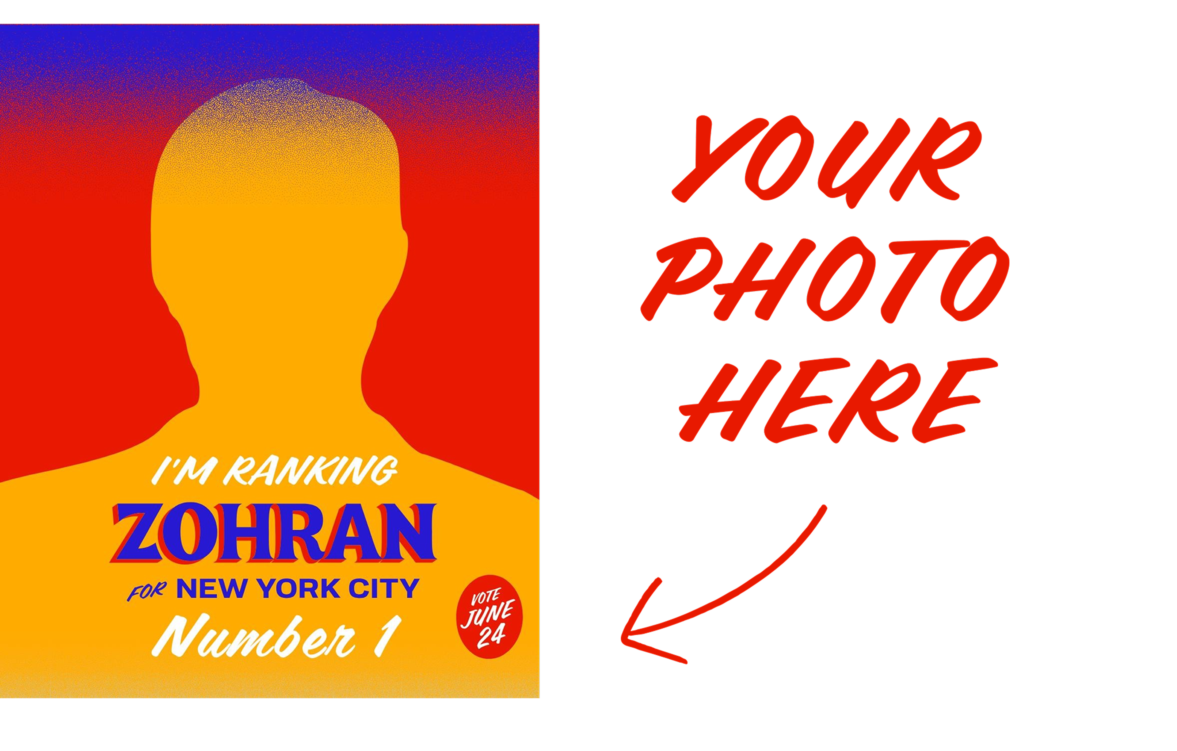 An example of a social media image showing a blank silhouette of a face with overlaid text reading "I'm ranking Zohran Number 1." The image is captioned "Your photo here"