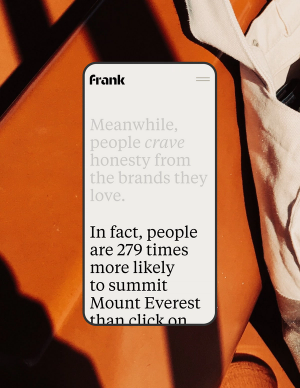 Typography for Frank on a mobile device in front of a close-up photo of an orange leather bench. The text reads "Meanwhile, people crave honesty from the bands they love."".