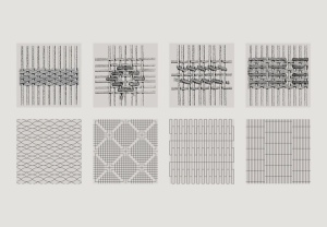 Four patterns used in Resonnaire's branding paired with the weaving patterns used as inspiration for each one