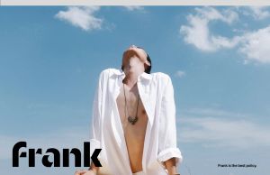 The Frank logo with text reading "Frank is the best policy" in front of a photo of a man wearing an unbuttoned white shirt looking up at a blue sky