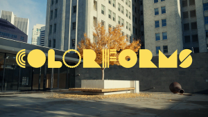 An animation of the COLORFORMS logotype in front of a video of fall leaves in an urban courtyard.