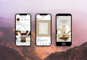 Three mobile devices with screenshots of Resonnaire branding in Instagram posts